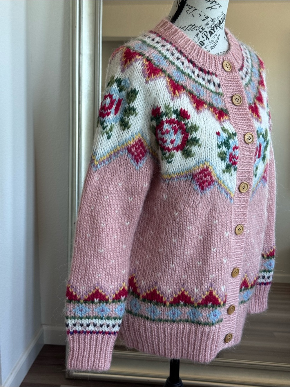 Sundance Irish Rose Fair Isle Wool Pink Button Down Cardigan Sweater Boho Size S - Picture 6 of 9